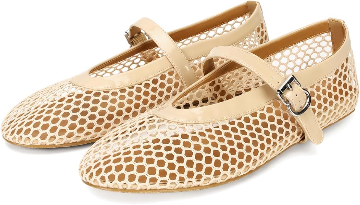 DOEYG Mesh Ballet Flats for Women Buckle Strap Comfy Casual Office Fishnet Ballerina Flat Shoes | Amazon (US)