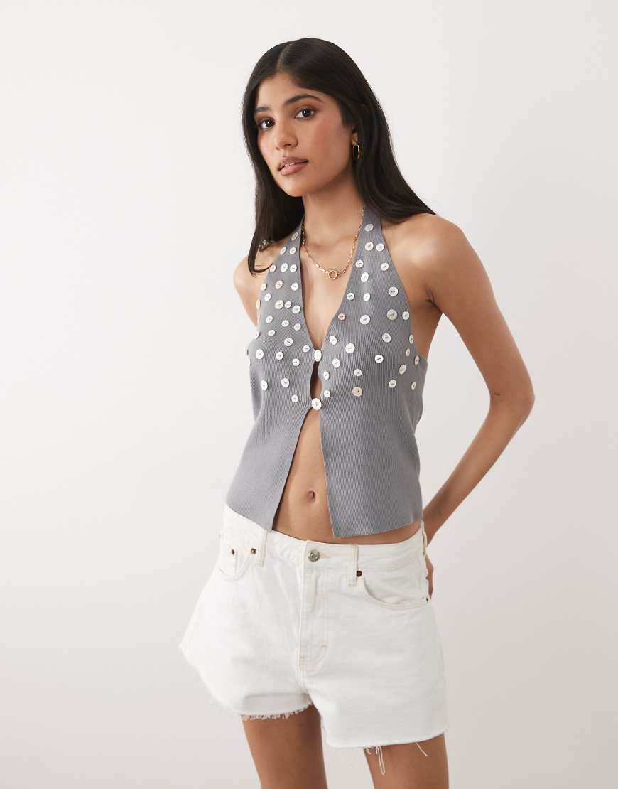 Mango button embellished halter neck knitted vest top co-ord in grey | ASOS (Global)