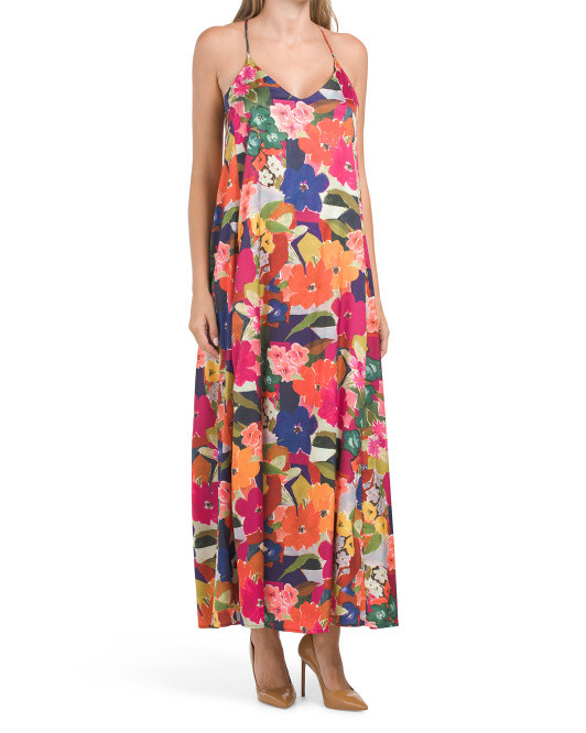 Satin Abstract Floral Maxi Dress With Pockets | TJ Maxx