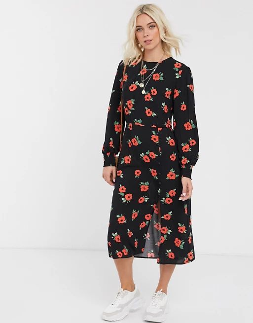 Nobody's Child midaxi dress with button detail in rose print | ASOS (Global)