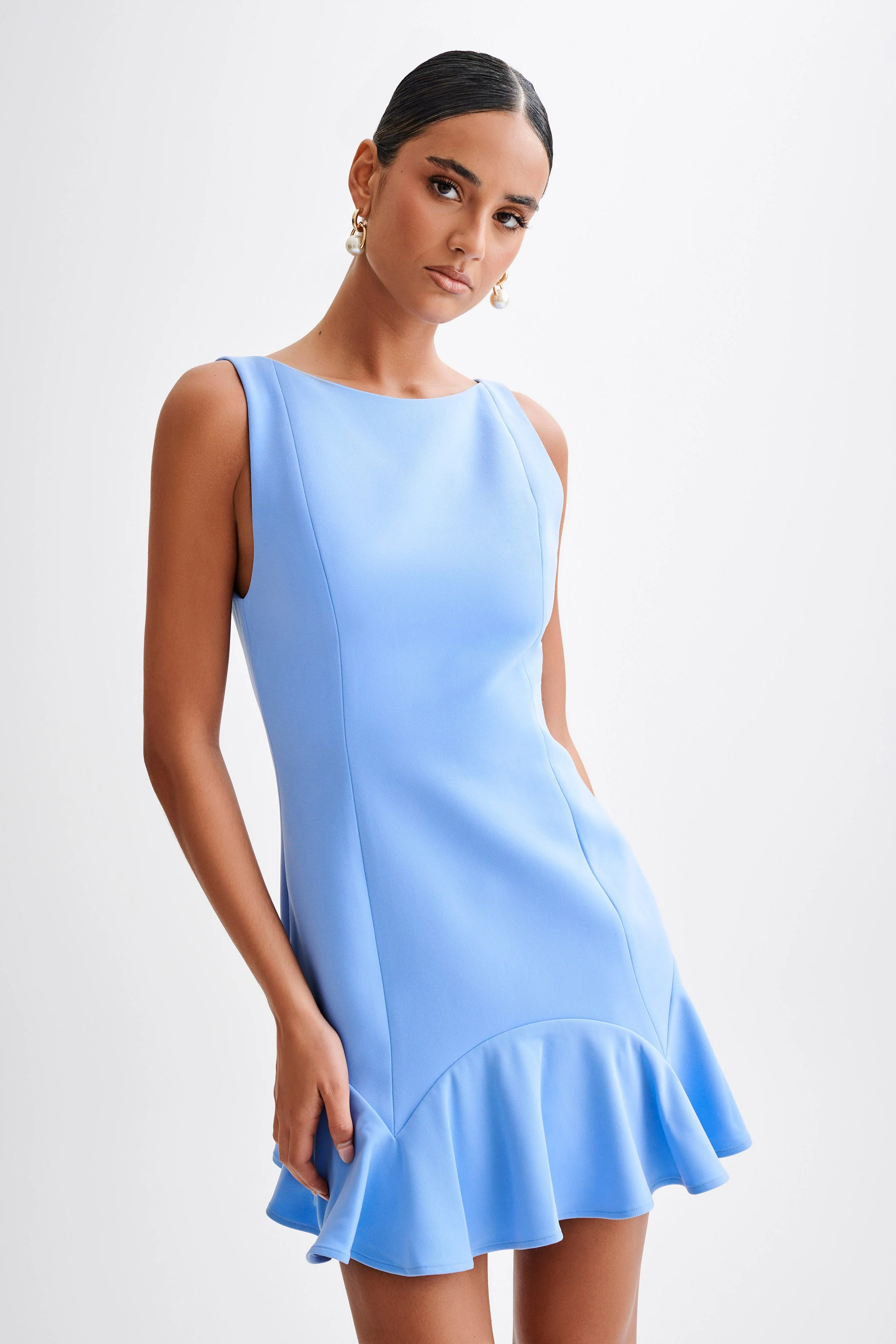 Leonora Sleeveless Suiting Mini Dress With Ruffle - Iris Blue | MESHKI US
