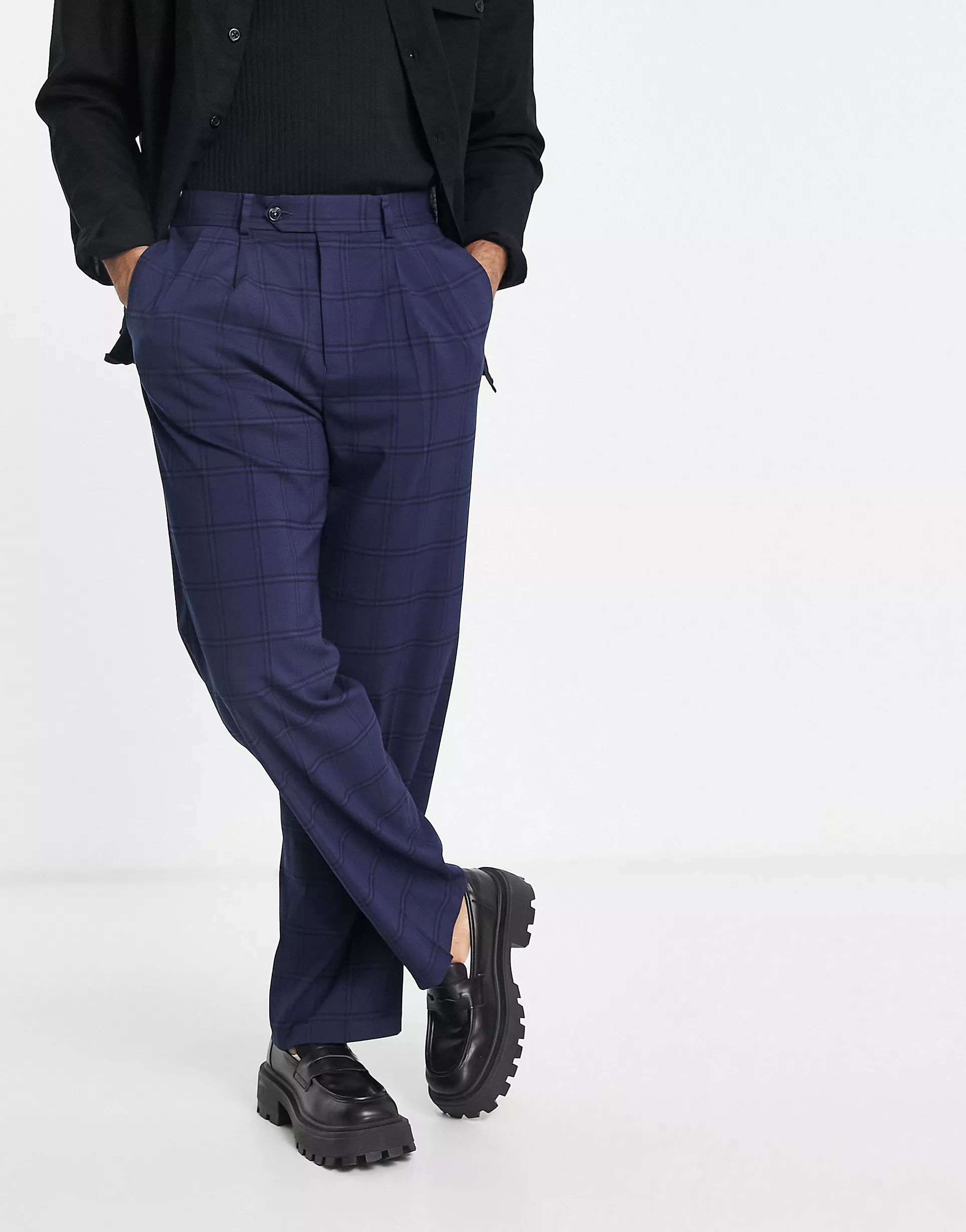 ASOS DESIGN high waist wide leg pants in navy window pane | ASOS (Global)