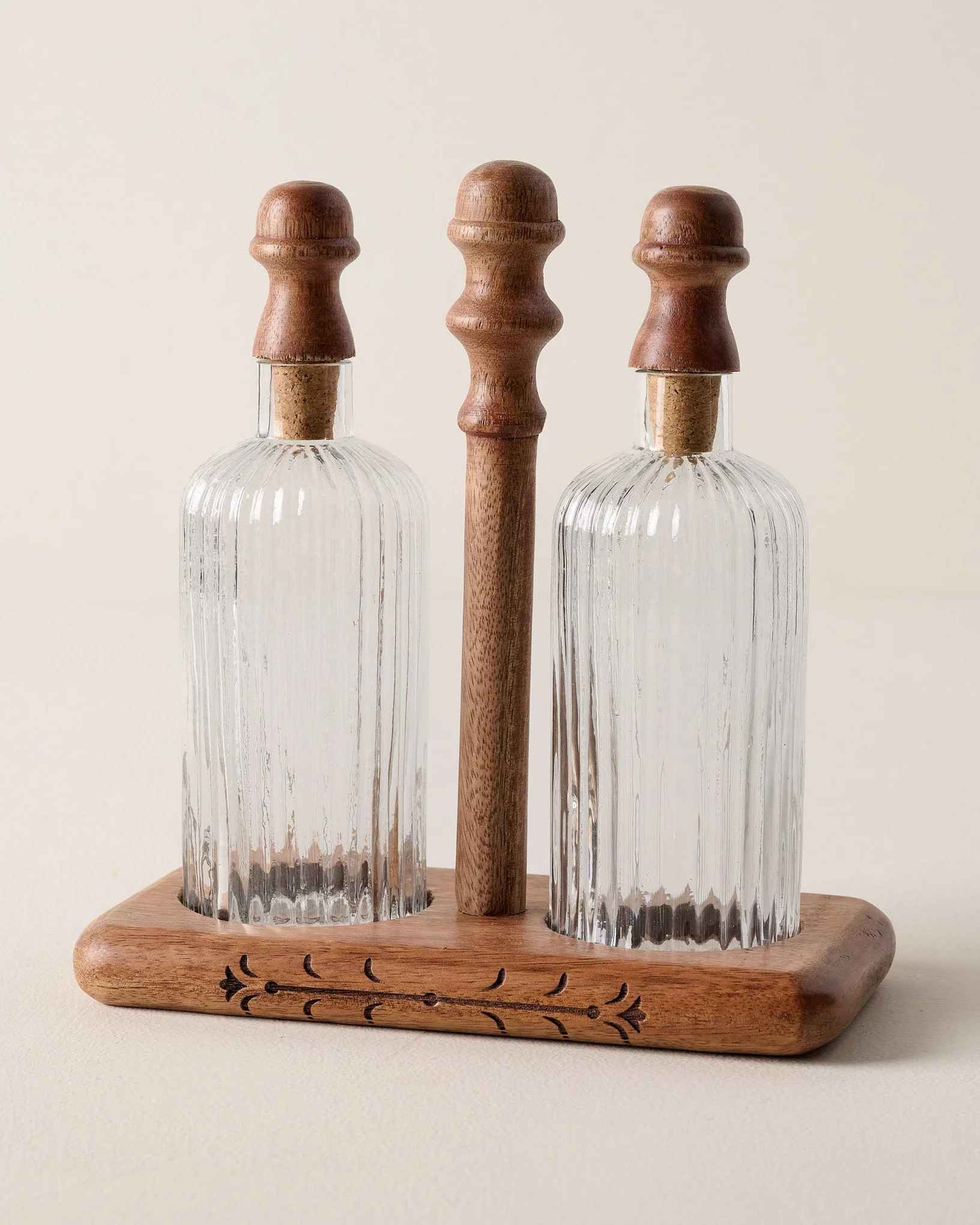 Antiqued Wood Ribbed Glass Oil & Vinegar Set | Magnolia