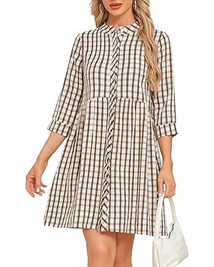 Ladyful Gingham Shift Dress Women 3/4 Sleeve Plaid Mini Dress 2026 Summer Crewneck Button Up Shor... | Amazon (US)