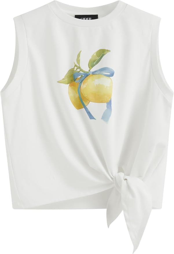 CIDER Women's Sleeveless Tank Tops Loose Fit Tie Front Fruit Print Cute Crew Neck Crop Tops Casua... | Amazon (US)