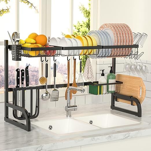 OTTOLIVES Over The Sink Dish Drying Rack,2 Tier Adjustable Dish Rack (33.5"-39.4") Length Expanda... | Amazon (US)