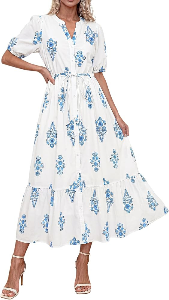 Okiwam Summer Dresses for Women 2026 Casual V Neck Short Sleeve Boho Floral Midi Dress Button Dow... | Amazon (US)
