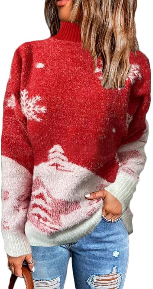 Crew Neck Ugly Christmas Sweater for Women Long Sleeve Christmas Snwflake Tree Graphic Trendy Pri... | Amazon (US)