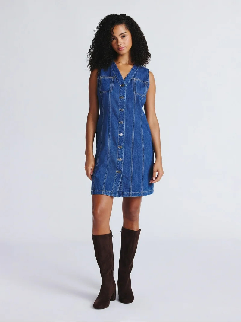 Time and Tru Women's Denim Button Front Mini Dress, Sizes XS-XXXL | Walmart (US)