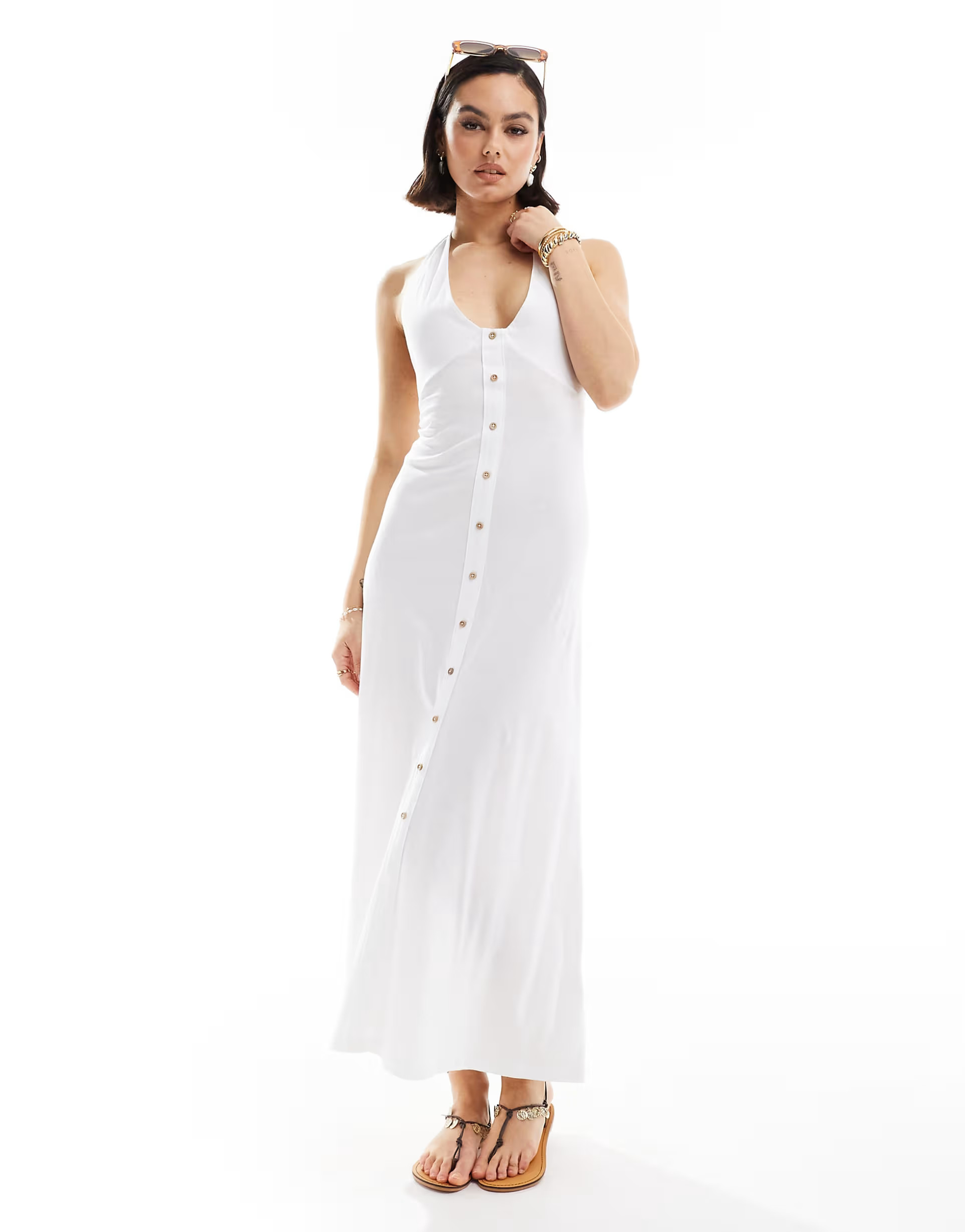 ASOS DESIGN halter midi dress with button front in white | ASOS (Global)