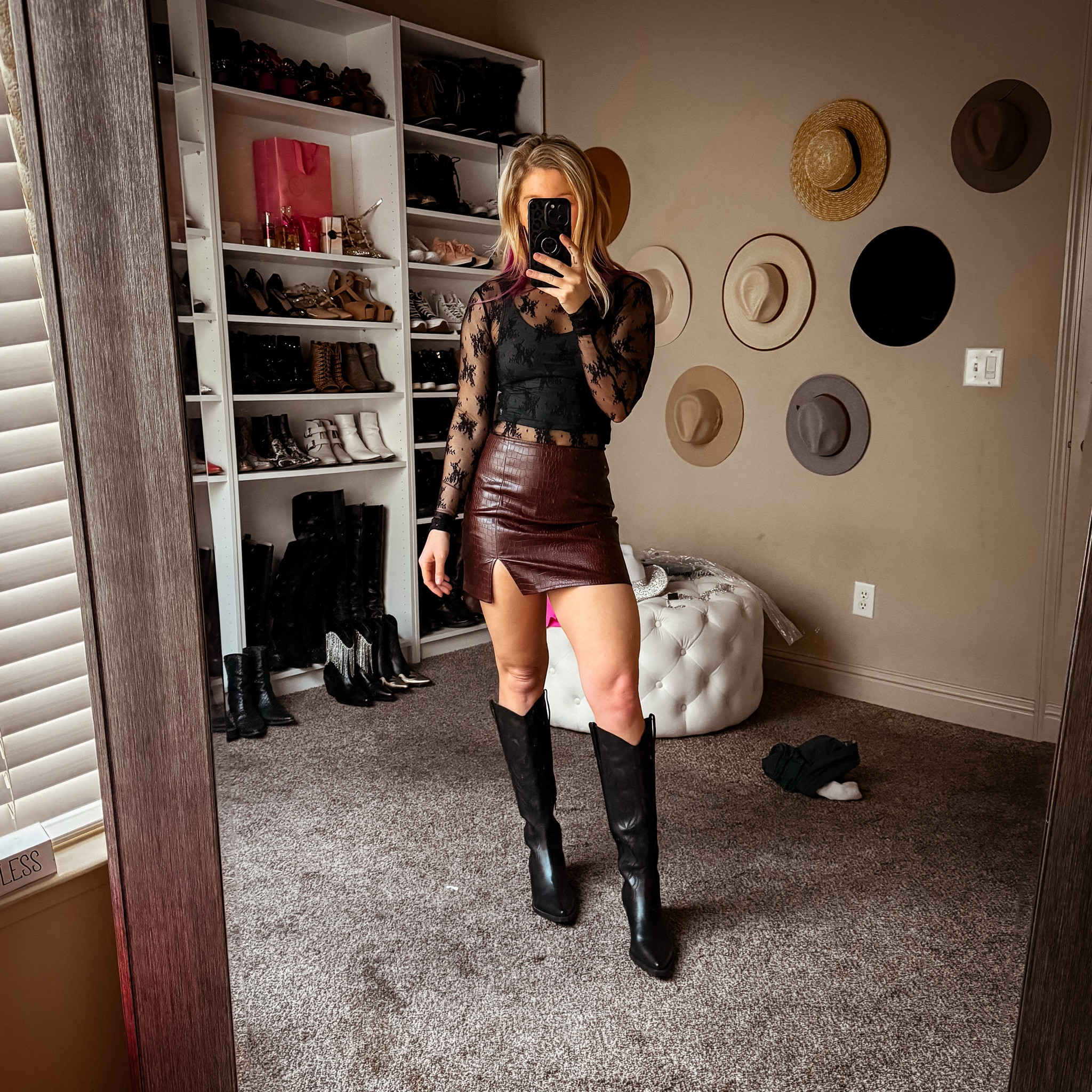 Croc leather skirt, lace layering top, black cowgirl boots 

#LTKstyletip #LTKshoecrush