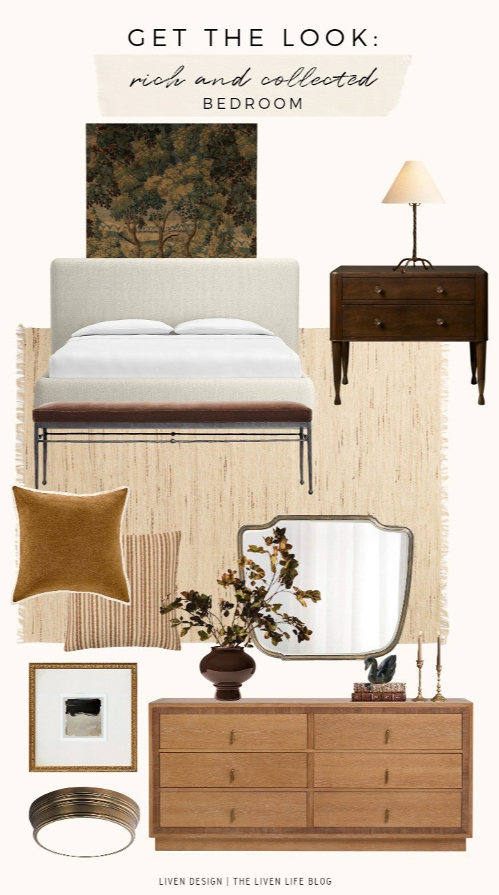Rich and collected bedroom. Tapestry. Upholstered bed. Velvet bench. Neutral rug. Timeless. Nightstand. Dresser. Velvet pillow. 

#LTKSeasonal #LTKHome #LTKSaleAlert