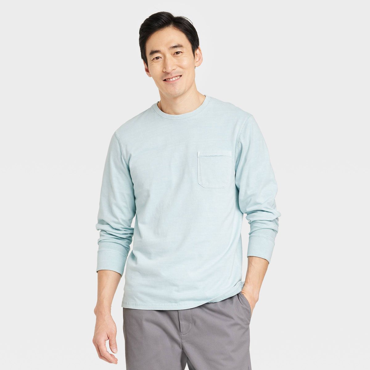 Men's Standard Fit Crewneck Long Sleeve T-Shirt - Goodfellow & Co™ Light Aqua Blue XL | Target