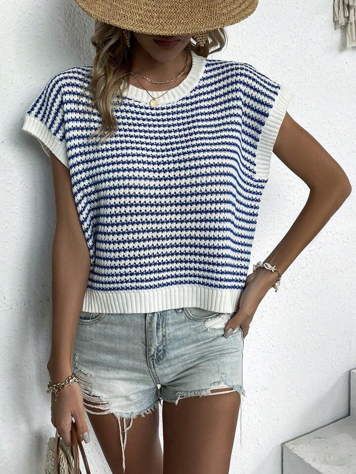 Knit Mix Women's Striped Round Neck Loose Knit Top | SHEIN