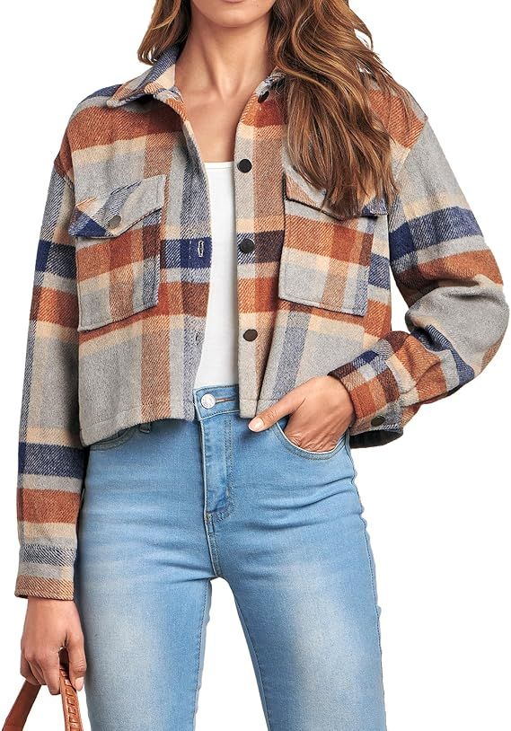 CFLONGE 2023 Fall Clothes Shacket Jackets Womens Lapel Button Down Cropped Coat Outwear Flannel P... | Amazon (US)