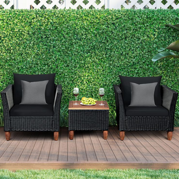 Costway 3 PCS Outdoor Patio Rattan Bistro Furniture Set Wooden Table Top Cushioned Sofa Black Bro... | Target