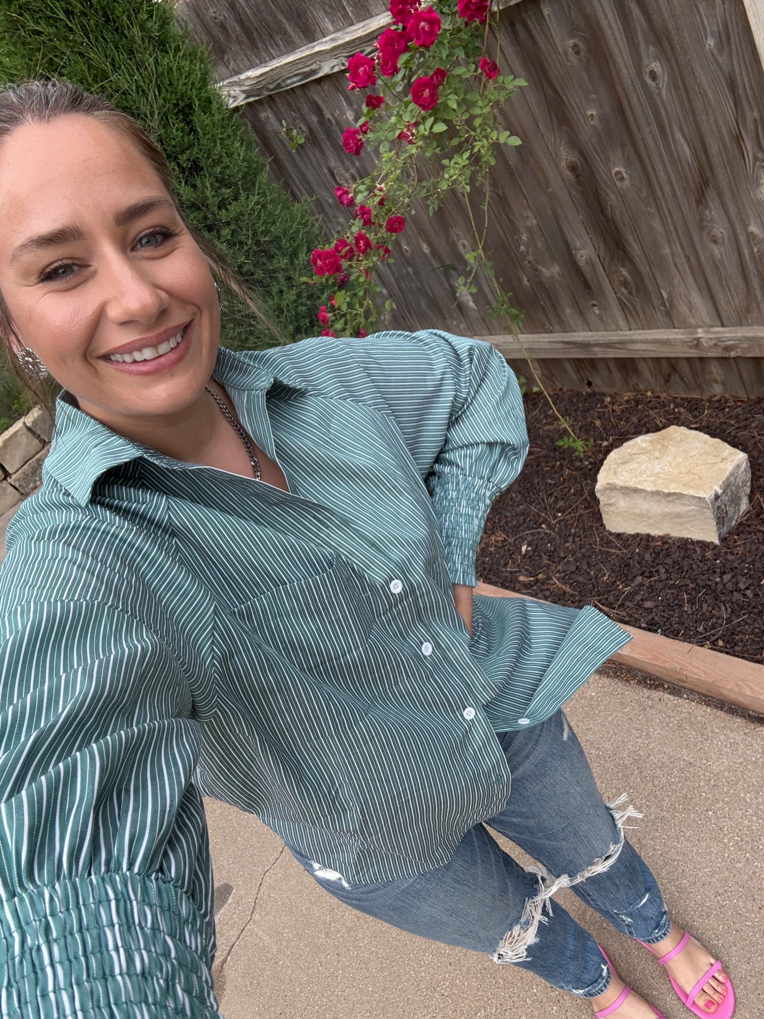 Women’s smocked cuffed boyfriend pinstripe button down . Comes in several colors! 

#boyfriendshirt #oversized #petitee

#LTKFindsUnder50 #LTKMidsize #LTKPetite