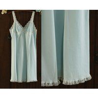 Pastel Aqua Blue White Lace Trim Empire Waist Slip Dress 70's // Olga 38 | Etsy (US)
