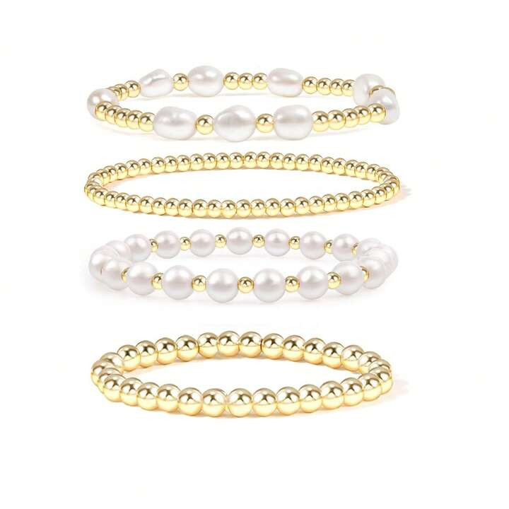 4 Pcs Golden Beaded Bracelets For Women,Gold Plated Dainty Gold Artificial Pearl Bracelet Stackab... | SHEIN