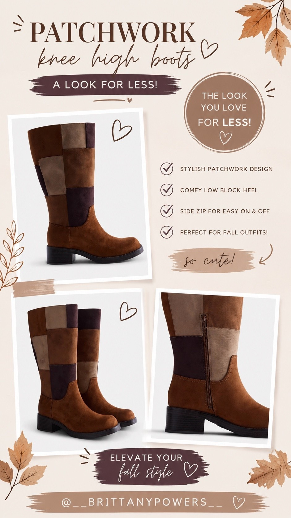 Fall boot season is HERE! 🤎🍂 And these patchwork knee-high boots are such a fun LOOK FOR LESS! 👏🏻 I’m loving the mix of warm brown, taupe + chocolate tones — they add so much interest to a simple fall outfit without trying too hard.

Pair them with jeans, leggings, or a cute fall dress and you’re set! 🍁🤎

#LTKootd #LTKSeasonal #LTKSaleAlert