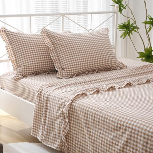 K MASANIJI Taupe White Plaid Ruffle Sheets King Size 4-Piece Set, 300TC 100% Yarn Dyed Cotton Checker Sheets 18‘’ Deep Pocket Farmhouse Gingham Decorative Bedding（Taupe/White Plaid, King） | Amazon (US)