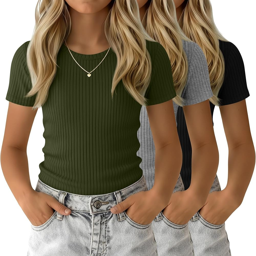 3 Pack Girls' Shirts Cute Basic Tees Tween Summer Ribbed Top Teens Short Sleeve Vacation T-Shirt ... | Amazon (US)