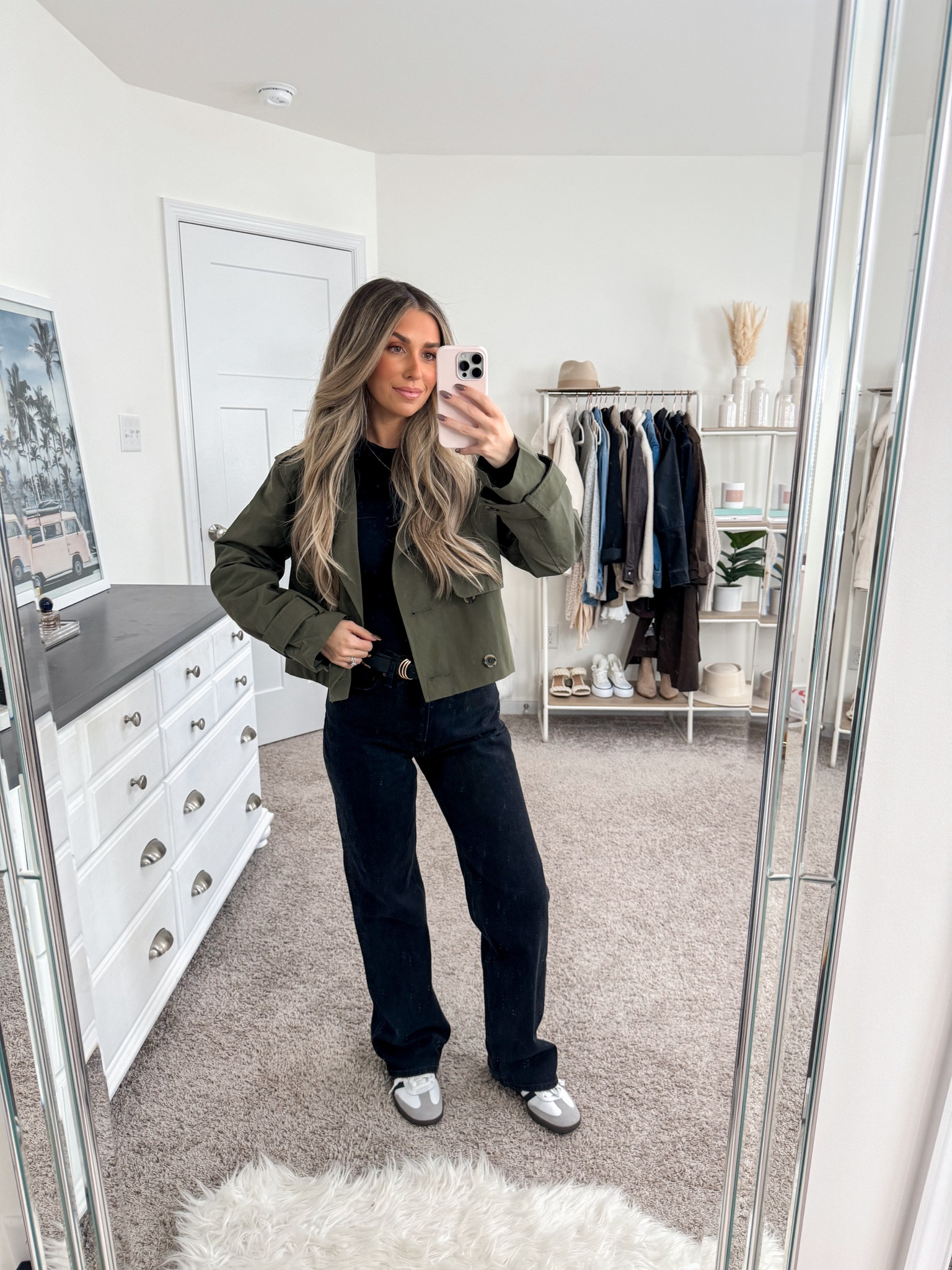 Casual fall outfit 
+ cropped trench coat: xs 
+ ribbed long sleeve tee: xs 
+ jeans: 25 short 
+ belt: xs 
+ adidas sambas: sized down 1/2 size 

#LTKFindsUnder100 #LTKCyberWeek #LTKSeasonal