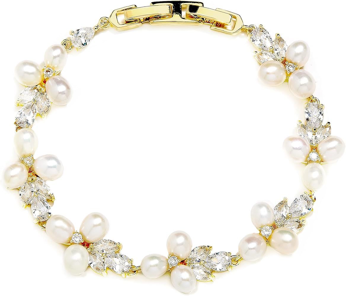Mariell Freshwater Pearl Gold Bridal Bracelet, 7 1/8" Plus 1/2" Extender, Wedding Jewelry Gift fo... | Amazon (US)