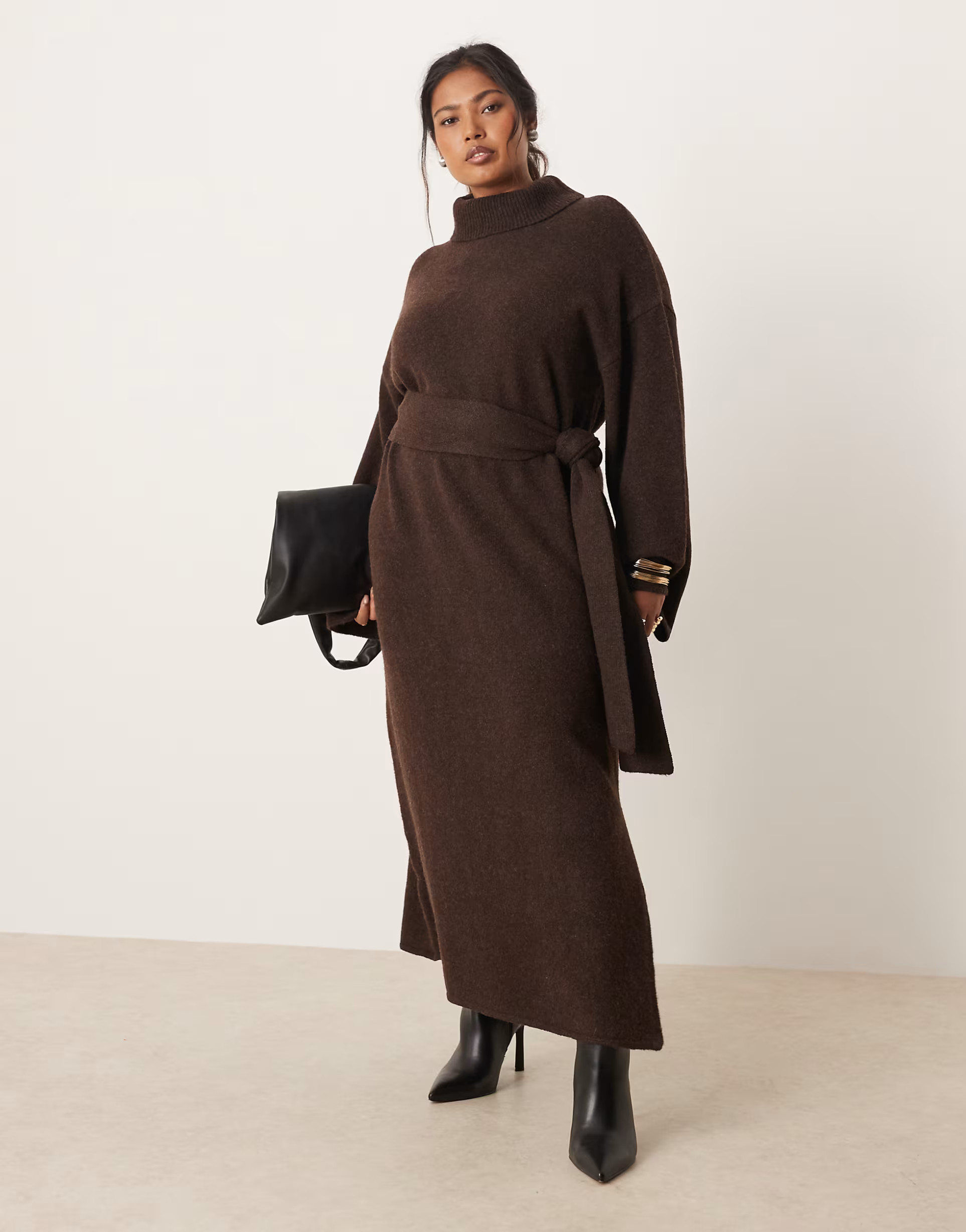 Pretty Lavish Curve knitted tie waist roll neck leg split midaxi dress in chocolate brown | ASOS | ASOS (Global)