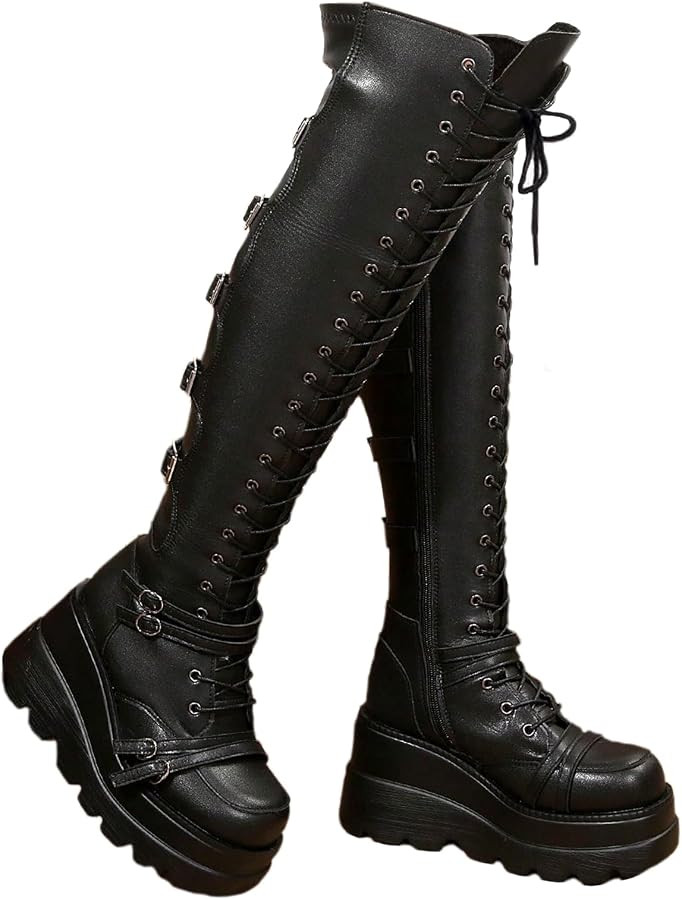 GUNIYIFS Over the Knee Boots for Women - Goth Punk Thigh High Motorcycle Boots with Buckles and S... | Amazon (US)