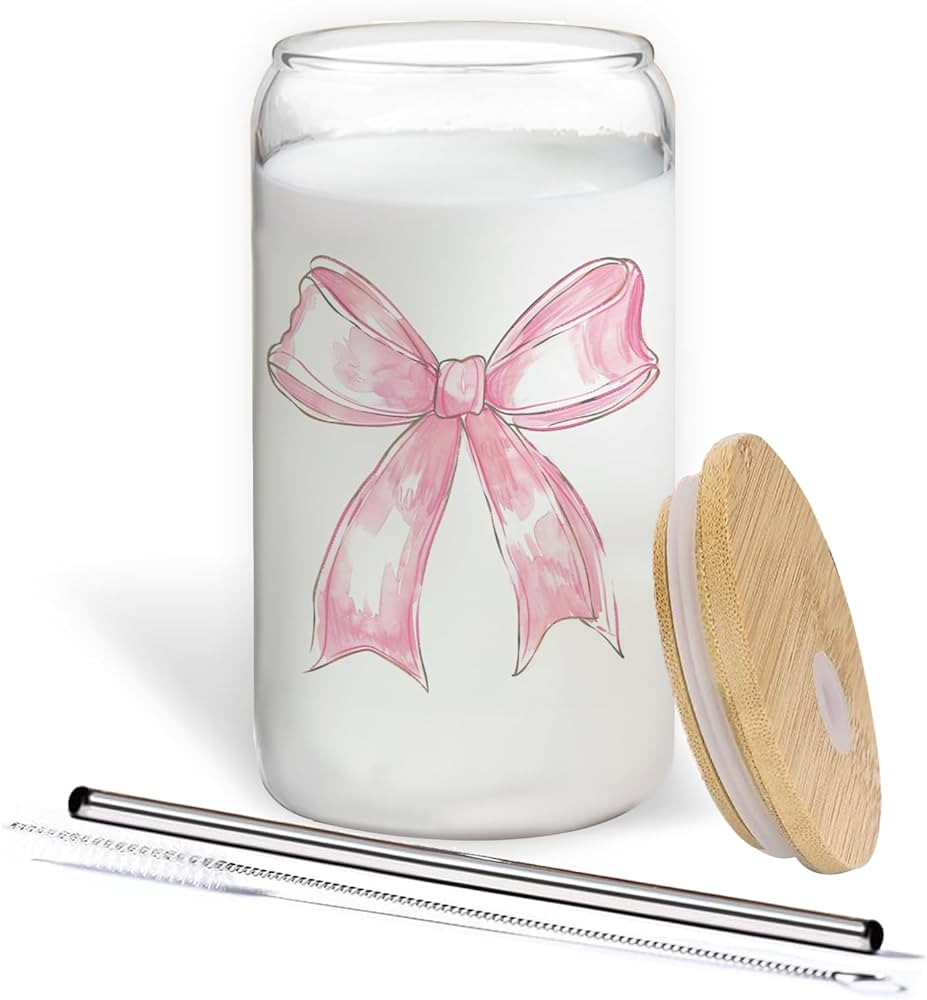 Pink Coquette Bow Glass Cup,Preppy Pink Bow Glass Coffee Cup With Lids And Straws 14oz,Pink Ribbo... | Amazon (US)