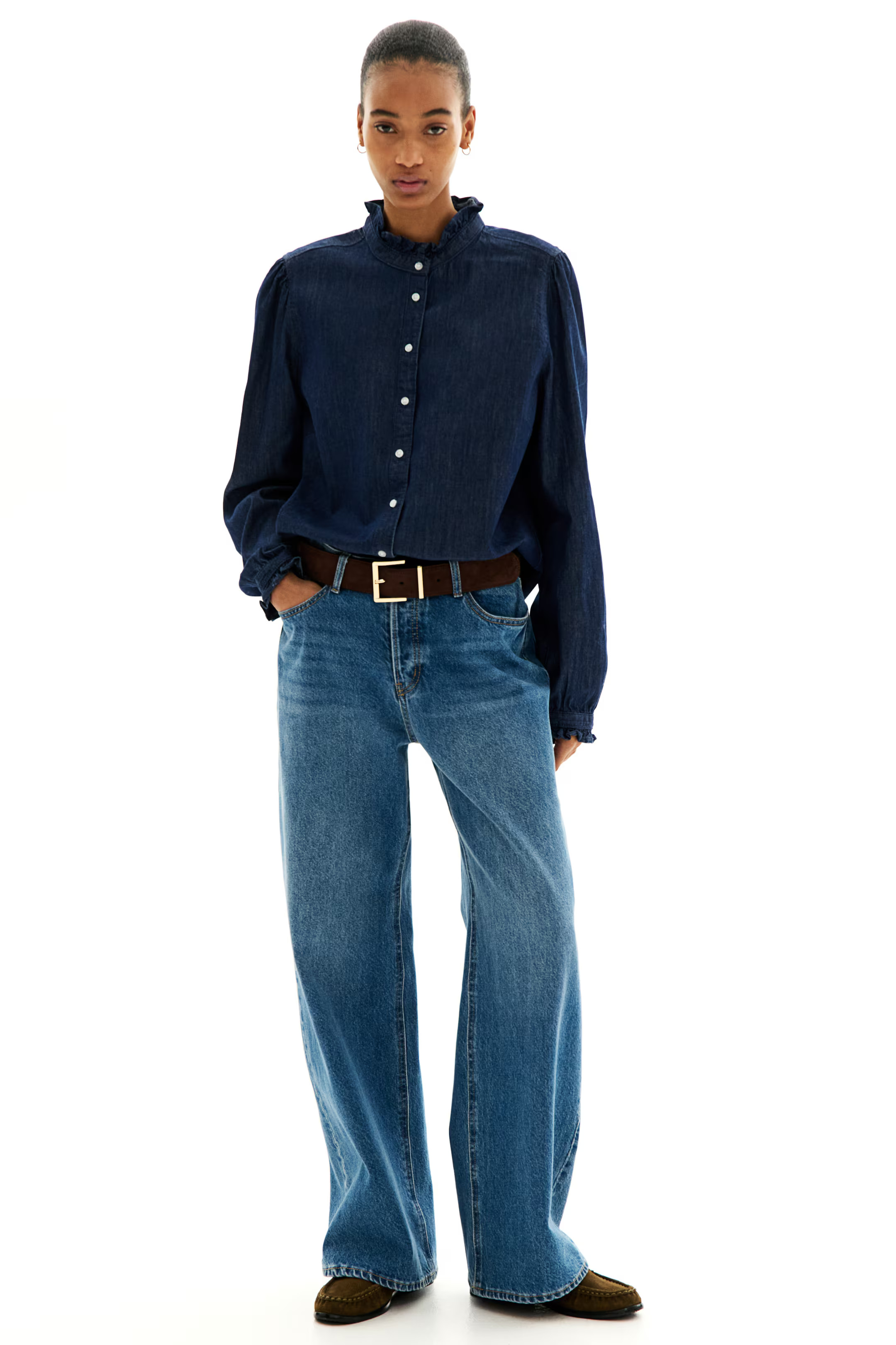 Ruffle-Trimmed Denim Blouse - Dark denim blue - Ladies | H&M US | H&M (US + CA)