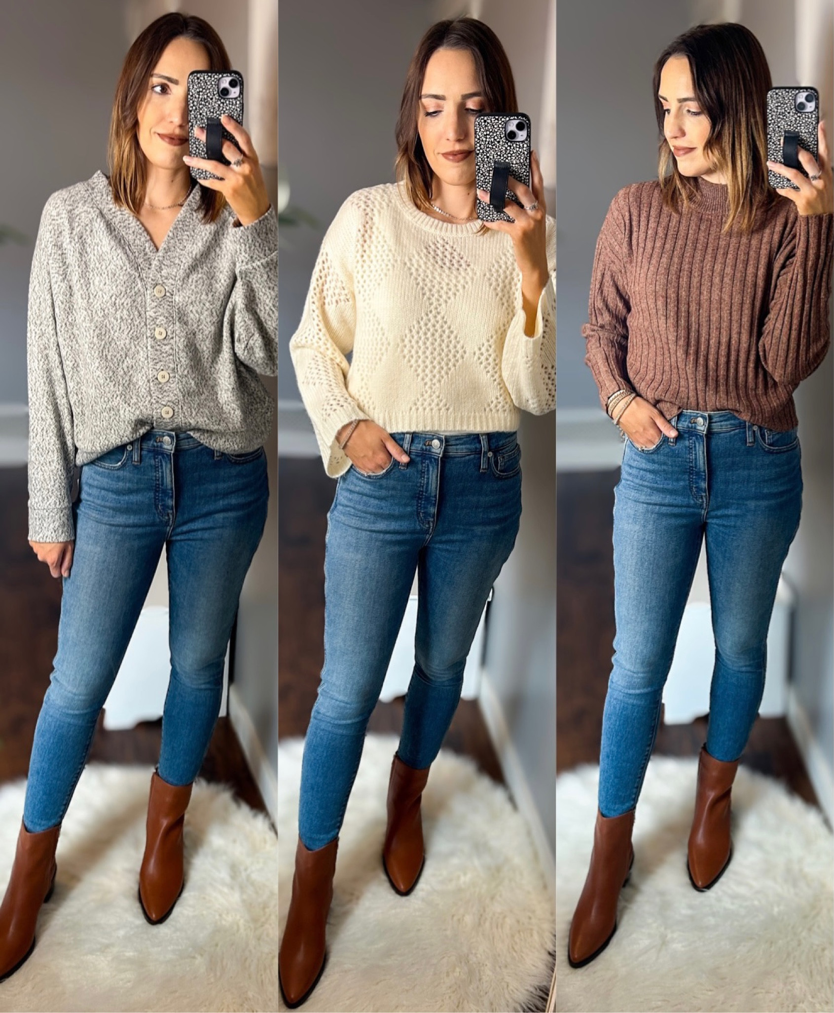 Madewell jeans — Madewell sweaters — Madewell sale — Fall outfits 

Everything is true to size

Marled gray cardigan sweater — M
Diamond stitch cropped crewneck sweater — S (need layering tank under)
Mock neck cropped sweater — S
10” high rise skinny jeans — 28, snug fit
Brown ankle booties

#LTKxMadewell #LTKSeasonal #LTKsalealert