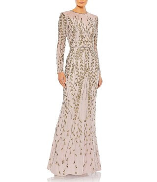 Beaded Crew Neck Long Sleeve Gown | Dillard's