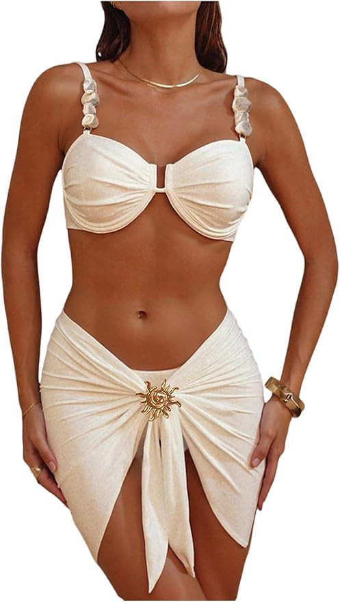 SweatyRocks Women's 3 Piece Swimsuits Sexy High Waisted Triangle Bikini Sets with Cover Up Sarong... | Amazon (US)
