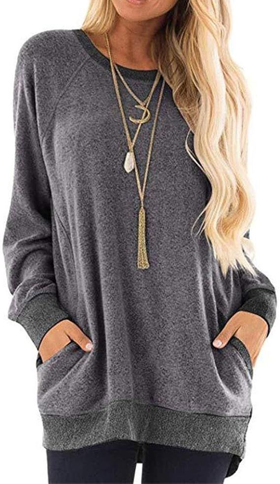 YAKER Women's Long Sleeve Round Neck Casual T Shirts Blouses Sweatshirts Tunic Tops with Pocket | Amazon (US)