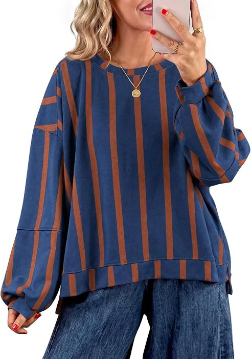 Womens Oversized Striped Shirts Long Sleeve Color Block Tops | Amazon (US)