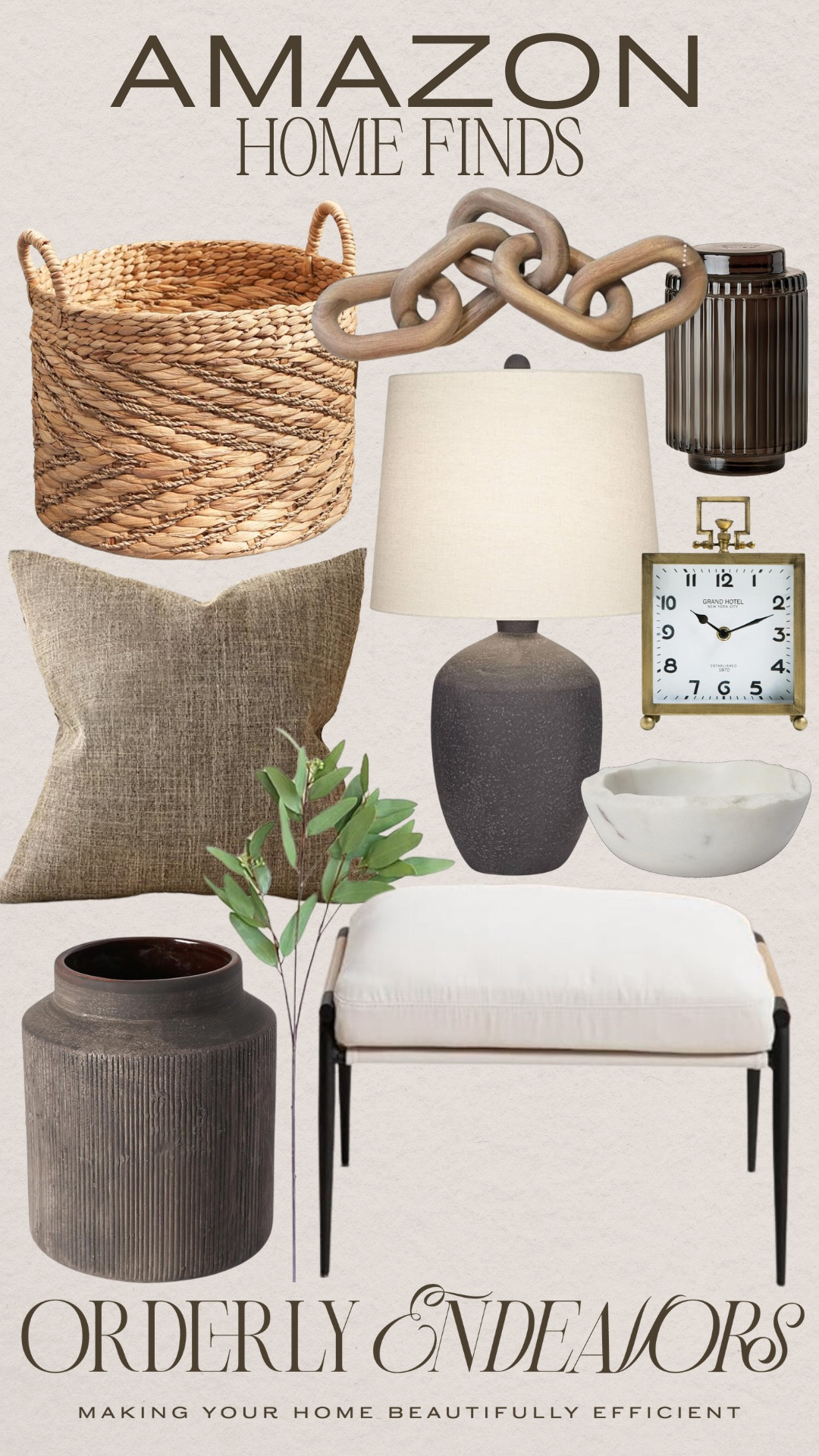 Amazon home finds include basket, table lamp, link decor, candle, table clock, decorative bowl, ottoman, vase, greenery stems, decorative pillow.

Home accents, home decor, looks for less, neutral decor

#LTKStyleTip #LTKFindsUnder100 #LTKHome