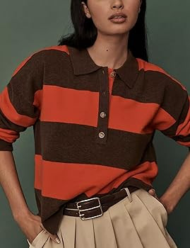 Omoone Cute Striped Polo Sweater Women Fall Lapel V Neck Colorblock Knit Tops Winter Long Sleeve ... | Amazon (US)