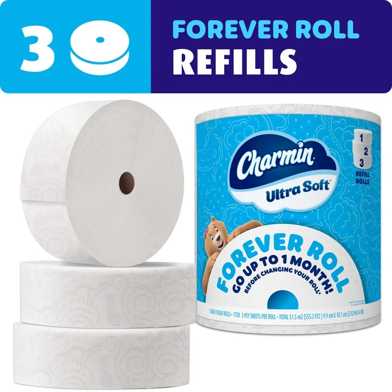 Charmin Toilet Paper Ultra Soft, Forever Roll Refill Rolls, 2-ply Bath Tissue, 3 Count | Walmart (US)