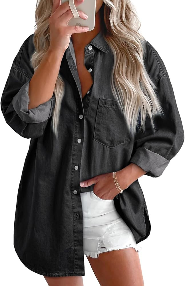 Astylish Women Denim Shirt Button Down Long Sleeve V Neck Chambray Blouse Tops Cuffed Sleeve Thin... | Amazon (CA)