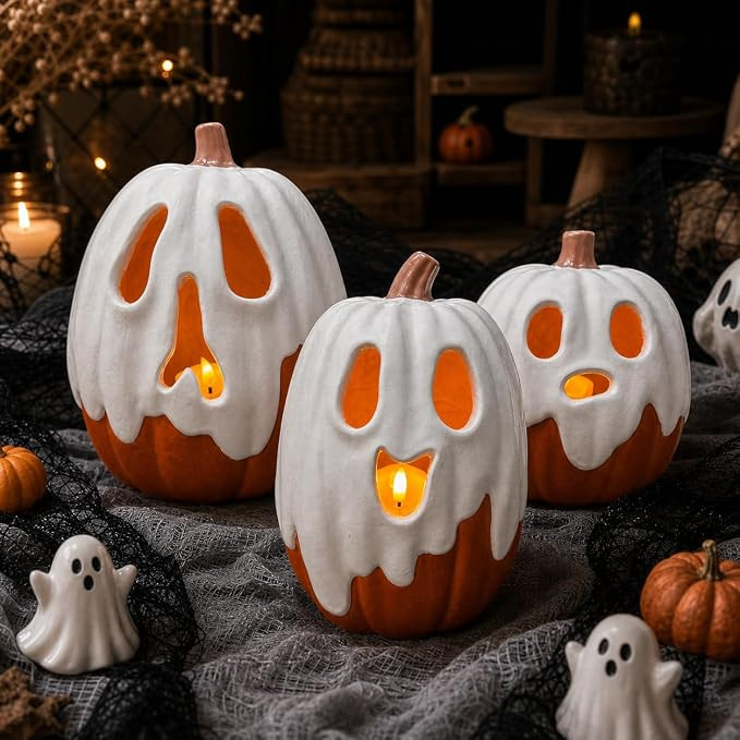 Halloween Decorations - 9.45" H Resin Ghost Pumpkin with Flameless Candle for Indoor Outdoor - Cu... | Amazon (US)