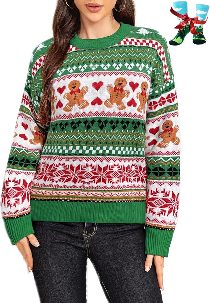 Ugly Christmas Sweater for Women Funny Crewneck Knit Christmas Sweater for Family Pullover Long S... | Amazon (US)