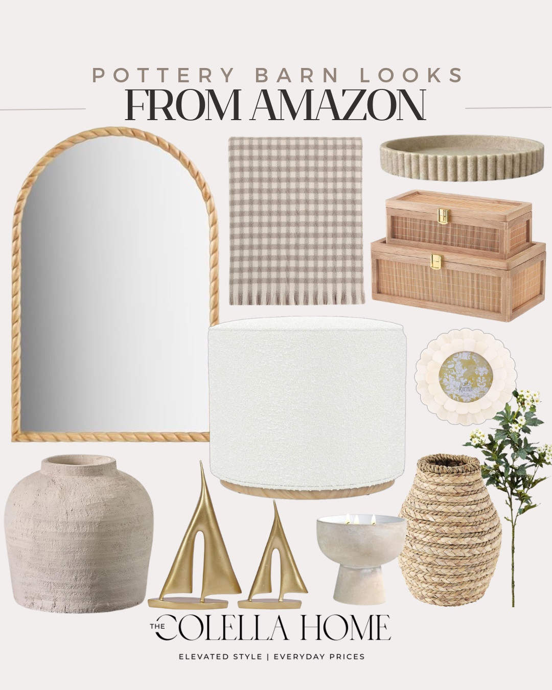 Pottery Barn looks from Amazon include vase, sailboat figures, candle, rattan vase, floral stems, frame, ottoman, mirror, decorative boxes, tray, and throw blanket.

Neutral home decor, neutral home, looks for less

#LTKHome #LTKSaleAlert #LTKSeasonal