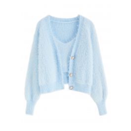 Fuzzy Cami Top and Pearly Buttoned Cardigan Set in Baby Blue | Chicwish