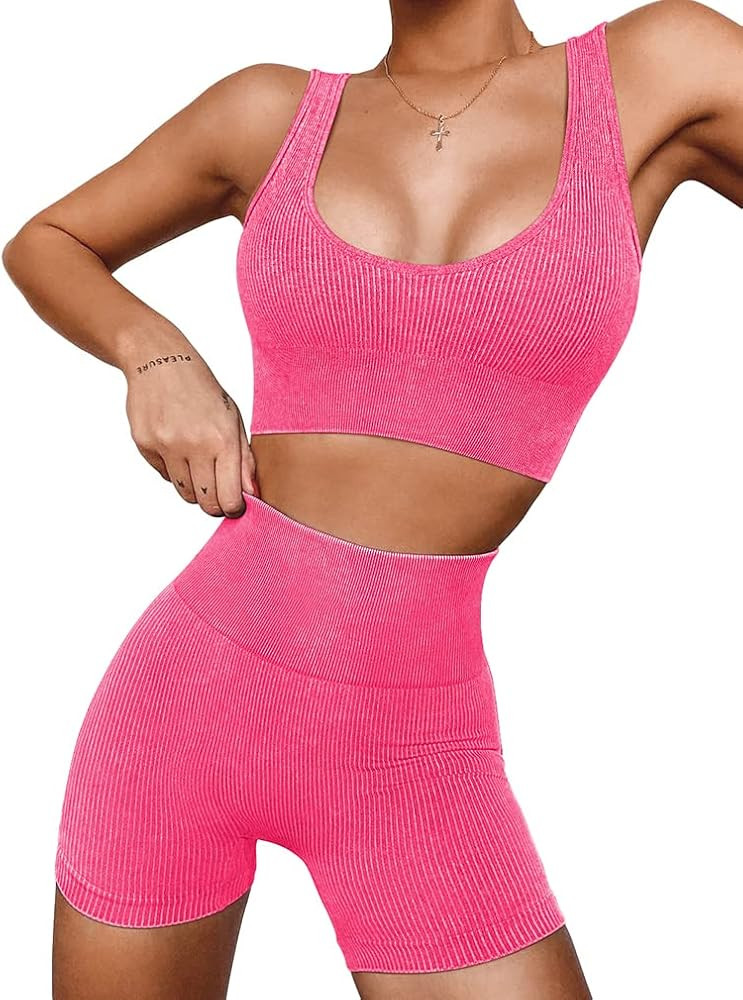 OQQ Athletic 2 Piece Outfit for Women Ribbed Acid Wash Seamless High Waist Shorts With Tank Top Exer | Amazon (US)