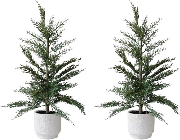 CG Hunter Holiday Collection, Set-of-2 Faux Cedar Trees, Premium Artificial Indoor & Outdoor Cedar Tree Stands 24" Tall in Creme Pot–Perfect Christmas Decoration | Amazon (US)