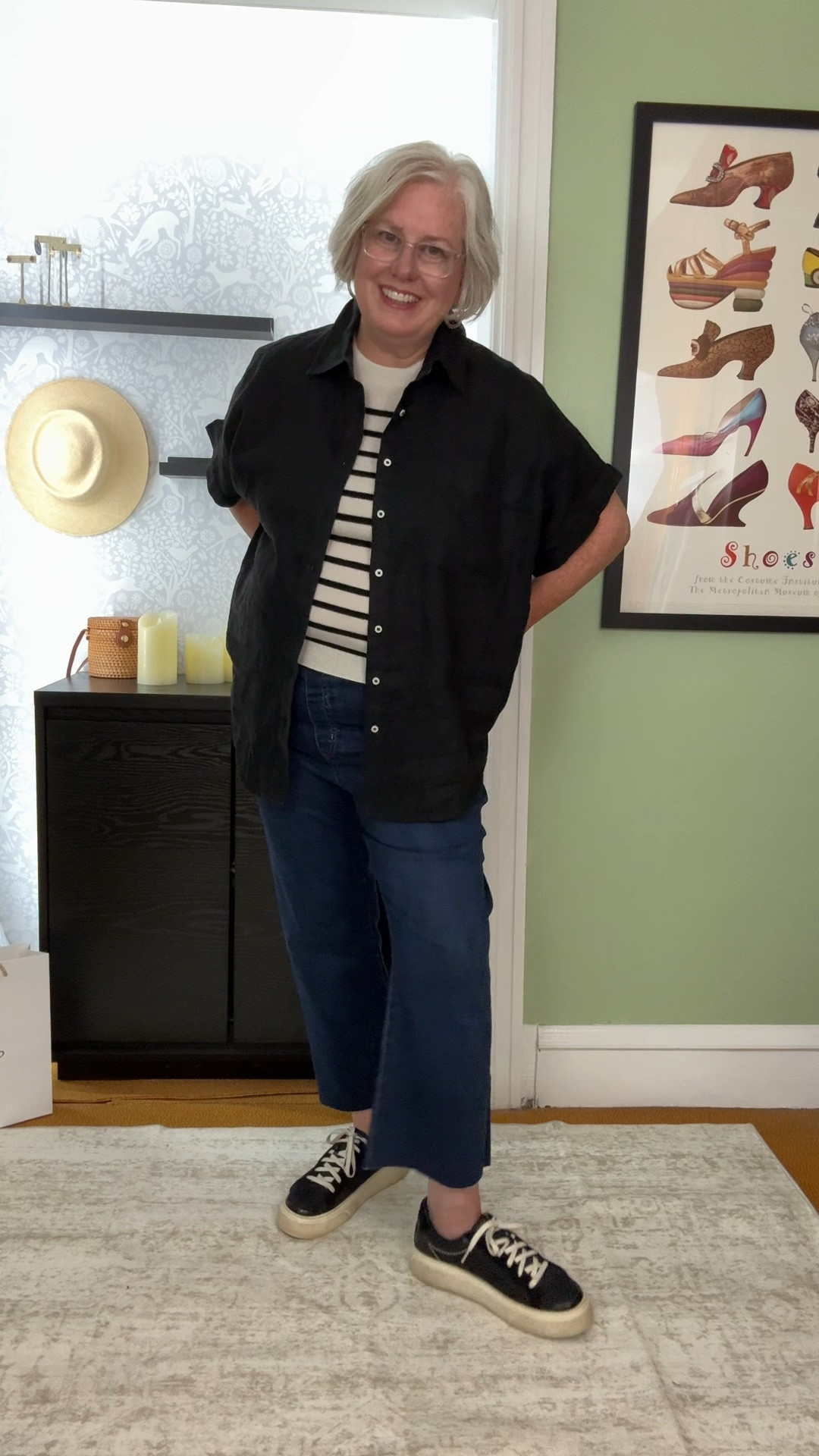 Day 2/18 of my 9-piece capsule wardrobe from Quince. Wear this outfit to casual office day or running errands. Striped cashmere tee, black linen camp shirt, pull on stretch jeans, and black sneakers.


#LTKOver40 #LTKMidsize #LTKFindsUnder100