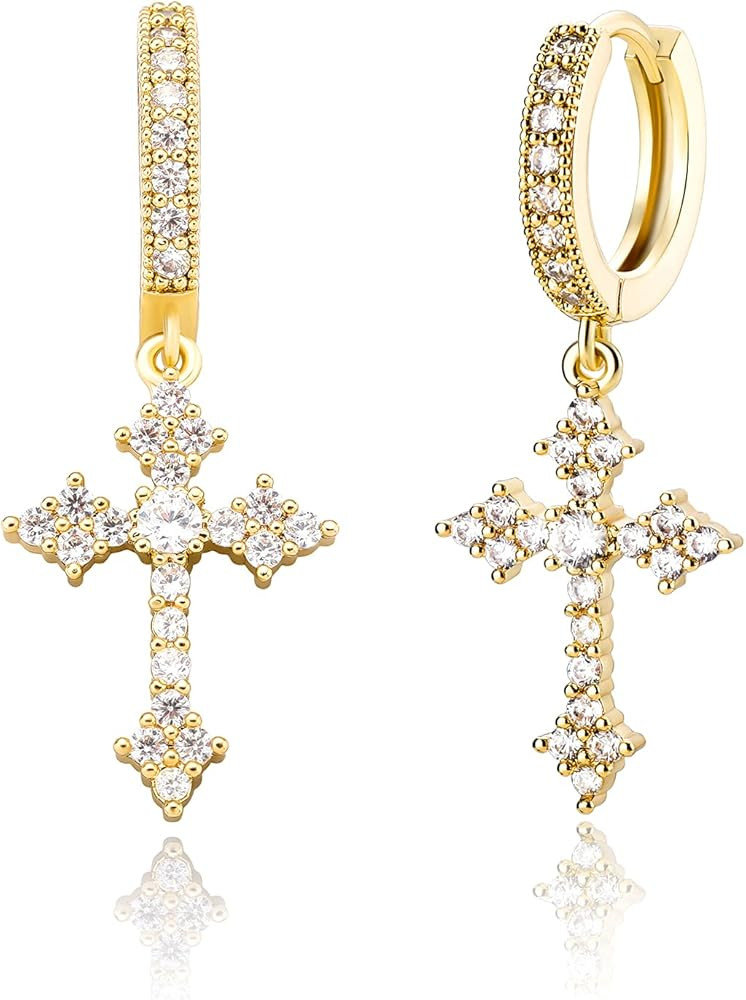 JINAO Cross Hoop Dangle Earrings 14K Gold Plated 5A+ Cubic Zirconia Cartilage Hypoallergenic Ster... | Amazon (US)