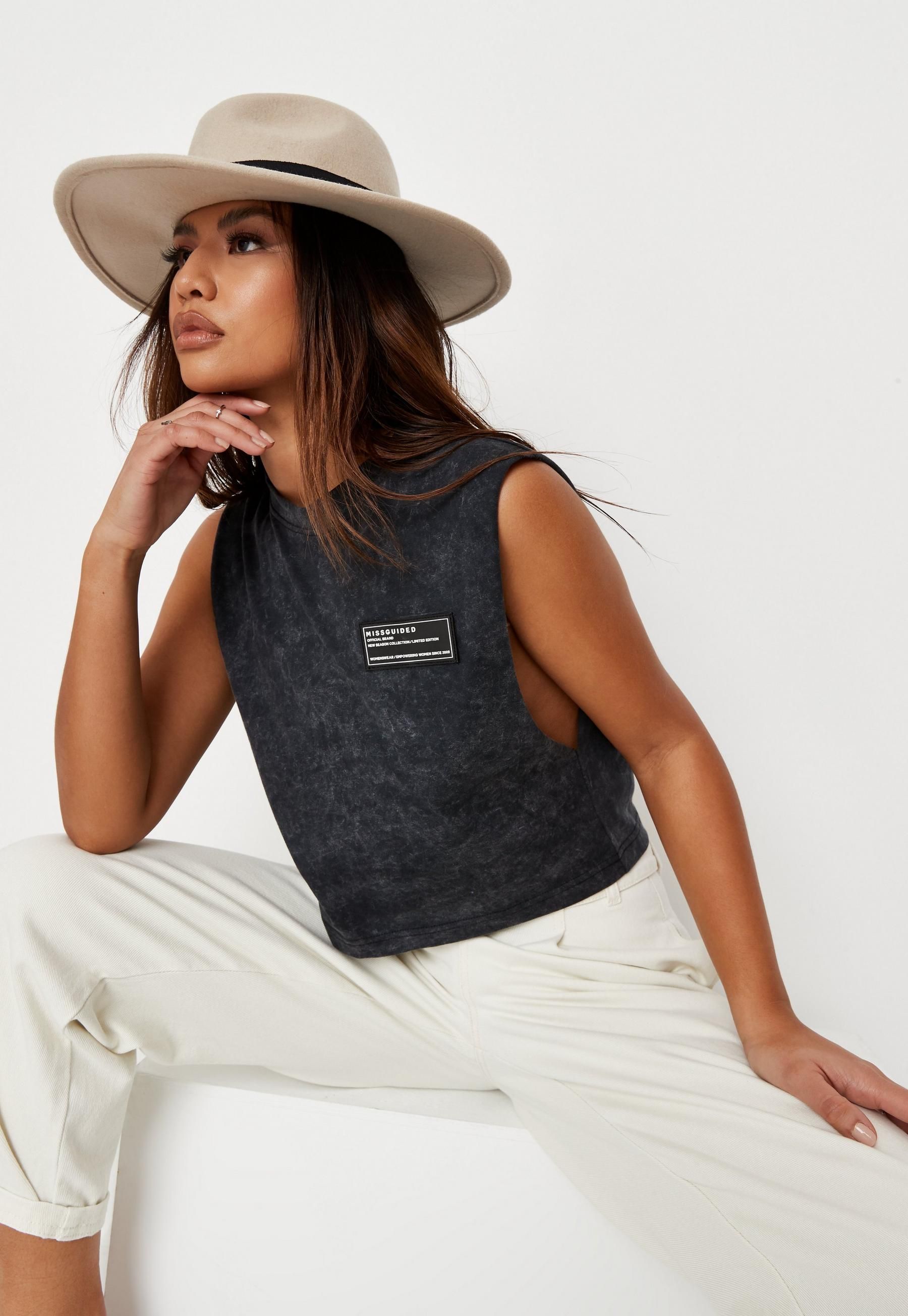 Charcoal Missguided Washed Drop Arm Racer Top | Missguided (US & CA)